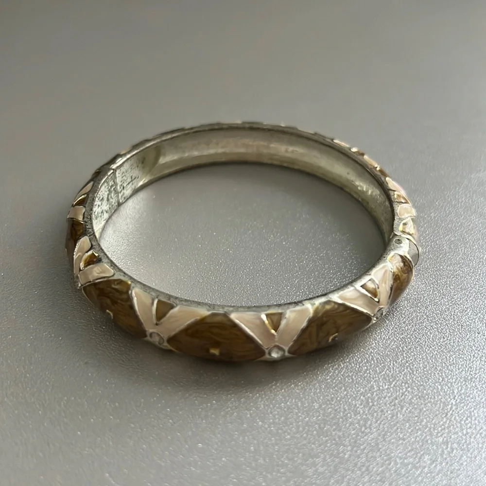 Brown Silver Chunky Bangle Bracelet Hand Painted Rhinestone